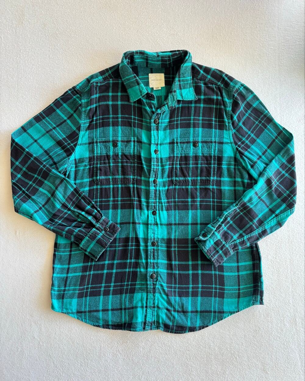 American Eagle Button Up Flannel Shirt Men’s XL Teal Blue Black Plaid Y2K Cotton